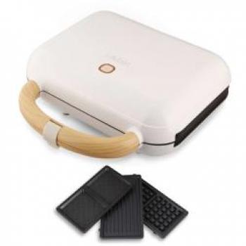 Sandwichera Lauben 3 en 1 900W - Tostadora con Placas Removibles - Blanco y Marrón