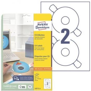 Etiquetas para CD/DVD Avery L6015-25, Ø 117 mm, blancas, con ayuda de centrado, paquete de 50 etiquetas en 25 hojas