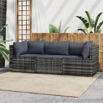 vidaXL 3-Piece Grey Poly Rattan Garden Lounge Set with Cushions