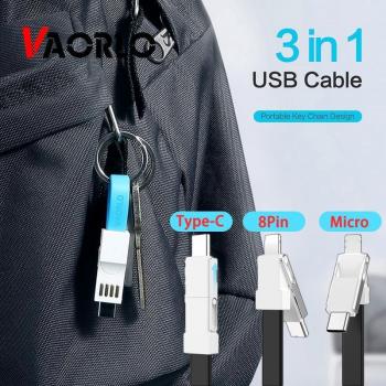Cable USB 3 en 1 VAORLO Mini Porte-clés, Micro USB y Type C para iPhone, Cargador Rápido y Sincronización de Datos, Cabo Negro