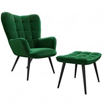 Sillón Comfivo 320 Verde Moderno con Hocker, Tapiz y Patas de Metal, 96x78x73cm