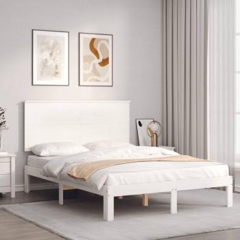Cama de matrimonio con cabecero blanco pequeño de madera maciza