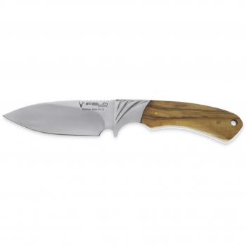 Cuchillo de caza deportivo iFIELD Camper EL29018, mango de olivo, hoja de 10,8 cm, acabado pulido, virola de acero, funda de piel marrón, herramienta de camping para pesca, caza, actividad deportiva