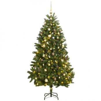 Árbol de Navidad artificial con bisagras 300 LED y bolas 300 cm, color verde y dorado, adorno navideño, decoración de Navidad, árbol iluminado de exterior