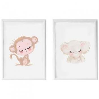 Juego de 2 cuadros infantiles Crochetts Multicolor Madera MDF 33 x 43 x 2 cm Elefante Mono (2 Piezas)