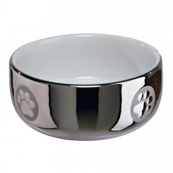 Comedero para Gatos Trixie de Cerámica, Capacidad 0.3L, Diámetro 11cm, Color Plata y Blanco