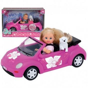 Simba 5731539 Steffi Love Evi Love Muñeca con Coche Beetle Descapotable Rosa, Incluye Perrito, para Niñas de +3 Años