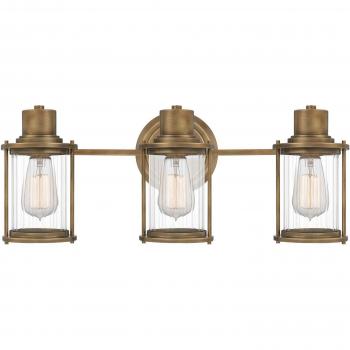 Aplique de pared Riggs IP44 en latón envejecido, 3 luces y vidrio transparente