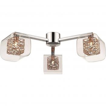 Lámpara de techo NOTTINGHAM de cobre con 3 luces, diseño en malla de tres brazos, acabado en cromo y vidrio, compatible con bombillas G9