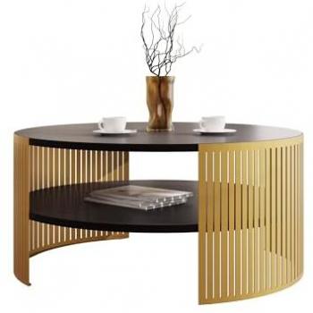 Mesa de centro redonda Oswego 121, dorado y negro, 40cm de altura, 75cm de diámetro, aglomerado laminado
