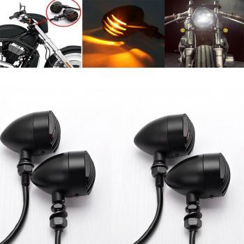League&Co - Lote de 2 pares de intermitentes universales de metal para moto Custom, bombilla redonda de luz ámbar para Honda, Suzuki, Kawasaki, Triumph, color negro