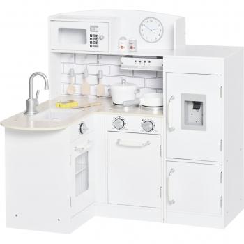 HOMCOM Cocina de Juguete de Madera para Niños +3 Años con 14 Accesorios, Nevera, Microondas, Fregadero, Campana, Sonido Separable, 86x64