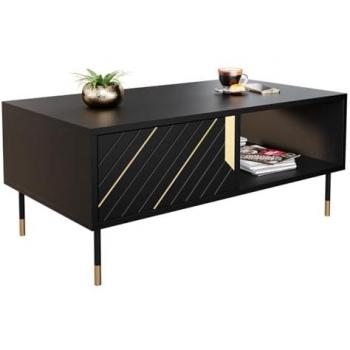 Mesa de centro angular Charlotte P102, Aglomerado laminado, Negro/Dorado, 110 x 60 x 46cm