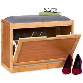 Banco Zapatero con Asiento Grande y 2 Compartimientos Ajustables en Bambú Natural/Gris - Relaxdays