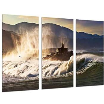 Set de 3 cuadros decorativos de madera, impresión digital, olas y mar bravo, naturaleza y atardecer (62 x 29 cm)