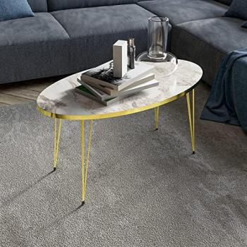 Mesa de Centro Ovalada Skævinge 43 x 90 x 50 cm - Aglomerado y Metal con Acabado en Mármol Blanco y Dorado