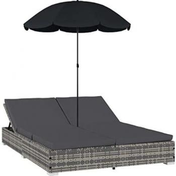 Outdoor Lounge Bed with Umbrella Poly Rattan Grey