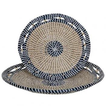 Centro de Mesa Romimex Azul y Blanco de Fibra Natural - Set de 2 Piezas (50 x 9 x 50 cm)