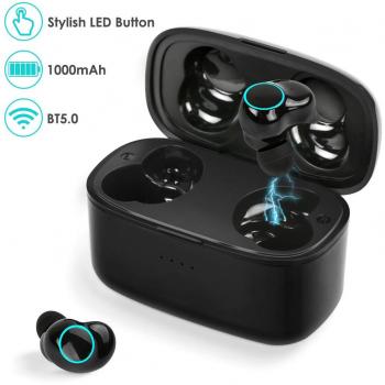 Auriculares Bluetooth, Auriculares Inalámbricos Bluetooth 5.0 de Sonido Estéreo con Caja de Carga, Auriculares Deportivos para iPhone, Samsung, Huawei y Android - Negro