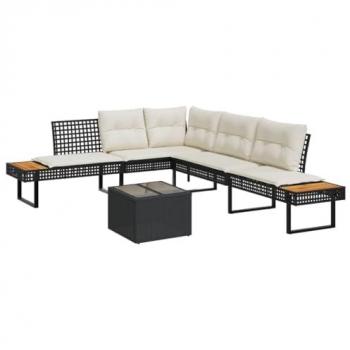 2-Piece Black Poly Rattan Garden Sofa Set with Cushions and Glass Table