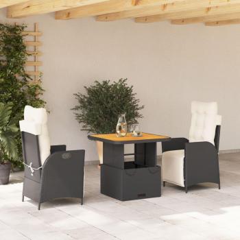 3-Piece Black Poly Rattan Garden Dining Set with Cushions