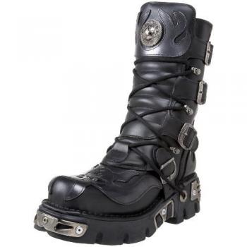 New Rock Unisex Black Flame Accented Leather Lace-Up Biker Boots M-107-S2 Size 39