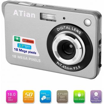 ATian Compactas Cámaras Digitales 2.7 Pulgadas LCD 8X Zoom Digital Anti-vibración Recargable HD Cámara Digital para Estudiantes/Adultos Mayores/niños