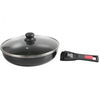 Sartén Sitram Ágil 28 cm de Aluminio Antiadherente Negro con Mango Removible y Tapa de Vidrio - Compatible con Todas las Fuentes de Calor, Incluida Inducción