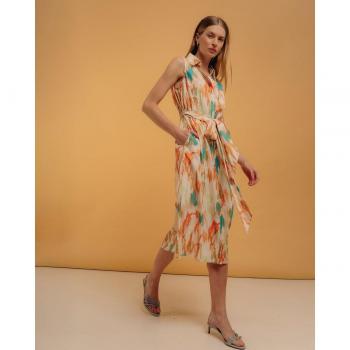 Vestido Midi Camisero Sin Mangas Estampado Abstracto con Cinturón Tejido