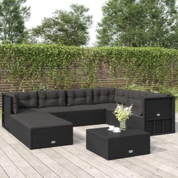 8 Piece Black Poly Rattan Garden Lounge Set with Cushions
