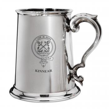 Kinnear Family Crest Polished Pewter 1 Pint Tankard with Scroll handle