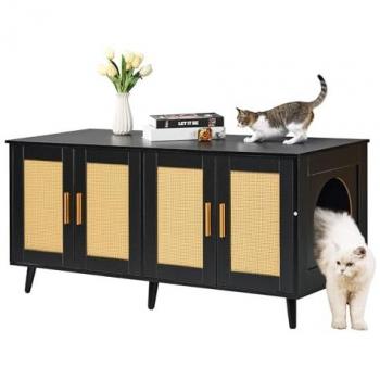 VEVOR Double Cat Litter Box Enclosure with Rattan Doors, Wooden Hidden Litter Box Cabinet for Most Standard Sizes, 47.2L x 19.7W x 21.7H