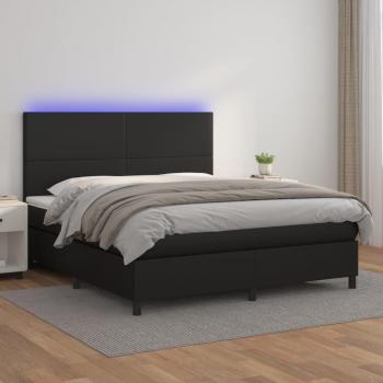 Cama box spring de muelles con colchón y LED en cuero sintético negro 180x200 cm