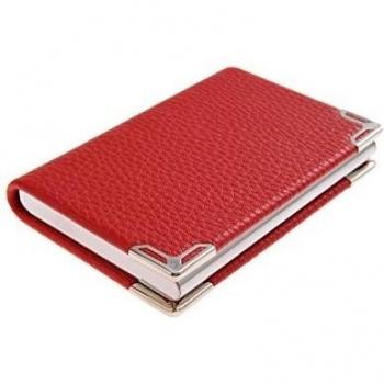 Tarjetero / Estuche para tarjetas de visita, hecho de acero inoxidable de alta calidad y cuero, para 19-21 tarjetas, color: rojo, Mod. 4114-02