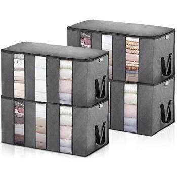 JOYXEON Bolsa de Almacenamiento de Ropa de Gran Capacidad, 4PCS Organizador de Transpirable con Asa Reforzada para Edredones Mantas 60x43x35cm, 3 Ventanas