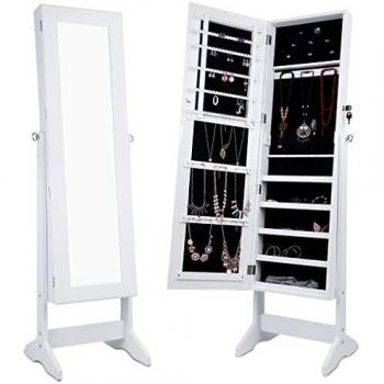 LANGRIA Armario Joyero de Pie con Espejo para Joyas, Lacado Blanco y Terciopelo Negro Interior, Regalo Ideal para la Navidad