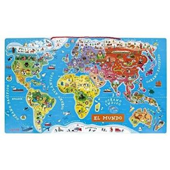 Janod - Puzzle magnético Mapa del Mundo en madera- 92 piezas magnéticas - 70 x 43 cm - Versión Española - Juego educativo a partir de 7 años, J05503