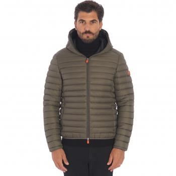Save The Duck Men's Hooded Short Puffer Jacket in Mud Color, Size L
