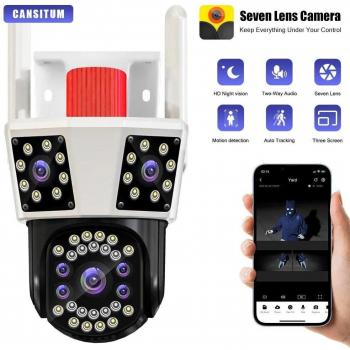 Cámara IP HD 12MP para exteriores con WIFI, 3 pantallas, PTZ, 8x Zoom, triple lente y visión nocturna - Protección de seguridad para hogar y jardín