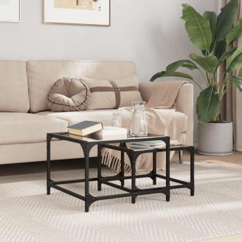Mesas de centro apilables con tapa de vidrio 2 pzas acero negro transparente y negro, mesita de salón o comedor o auxiliar mesa de café meuble salón