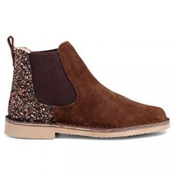 Botines de niña de serraje con talonera glitter en color marrón, talla 38