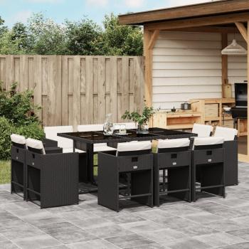 11-Piece Black Poly Rattan Patio Dining Set with Cushions