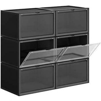 Pack de 6 cajas apilables de zapatos talla 46, organizadores con puerta transparente, 36x28x22 cm, disponibles en negro o transparente