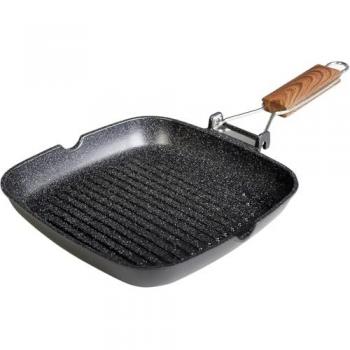 Grill Inducción Wecook Ecochef 24x24cm, Rayas, Antiadherente sin PFOA, Aluminio Fundido, Mango de Madera Plegable, Apta para Vitrocerámica