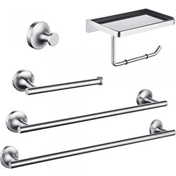 CREA 5 Piezas Juego de Accesorios para Baño de Acero Inoxidable, Toalleros Anillo Soporte para Papel Higiénico Gancho para Toallas con Estante Montaje en pared Accesorios de Baño
