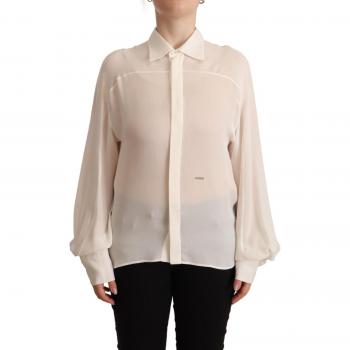 Off White Silk Long Sleeves Collared Blouse Top