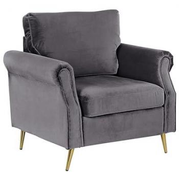 Sillón de Terciopelo Gris Oscuro Vietas con Patas de Metal Doradas y Cojines Retro para Sala de Estar