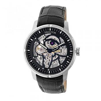 Heritor Ryder Automatic Skeleton Dial Leather Watch - Black Stainless Steel, Silver/Black
