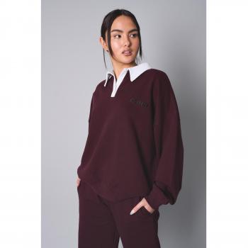 Kaiia Contrast Collar Oversized Rugby Sweatshirt Burgundy
