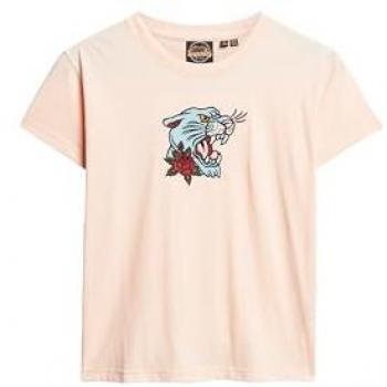 Camiseta de Manga Corta Femenina Superdry con Bordado de Tatuaje Rosa, Ajustada, Algodón, Talla L